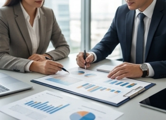 Hai đối tác thảo luận kế hoạch tài chính và chiến lược kinh doanh cho tuổi Quý Dậu 1993 trong văn phòng hiện đại