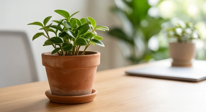 Chậu cây nhỏ bằng đất nung mộc mạc đặt trên bàn làm việc nhằm bổ sung năng lượng hành Thổ