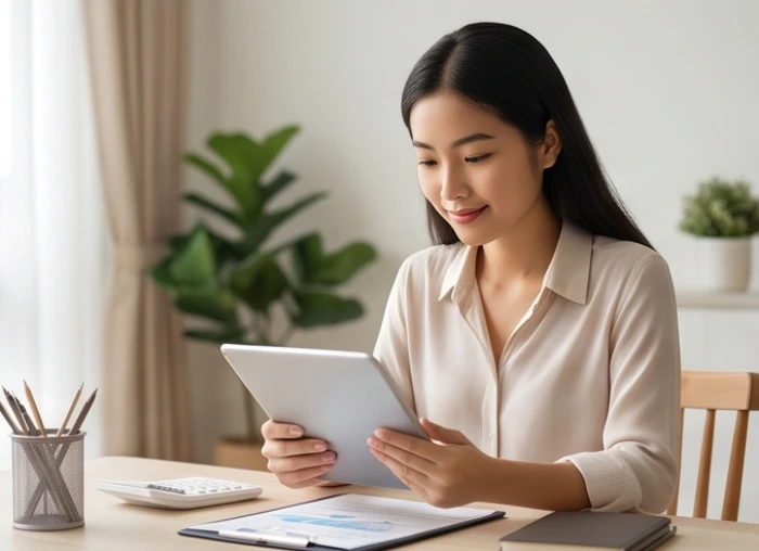 Người phụ nữ tính toán khoản tiết kiệm dự phòng cho gia đình tại góc làm việc sáng sủa gọn gàng và ngăn nắp