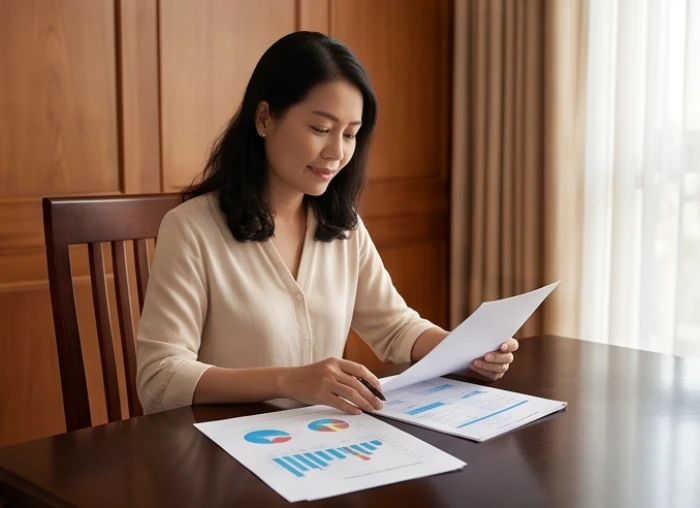 Nữ mạng tuổi Sửu cùng gia đình xem xét sổ sách tài chính và quỹ dự phòng tại phòng ăn ấm cúng