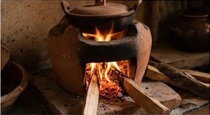 Bếp lò đất nung rực lửa đang đốt cháy những thanh củi khô minh họa quy luật ngũ hành mộc sinh hỏa hao tổn.