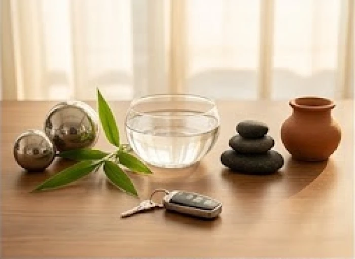 Mô hình biểu tượng năm nguyên tố ngũ hành kim mộc thủy hỏa thổ đặt trên bàn làm việc bên cạnh chìa khóa xe ô tô
