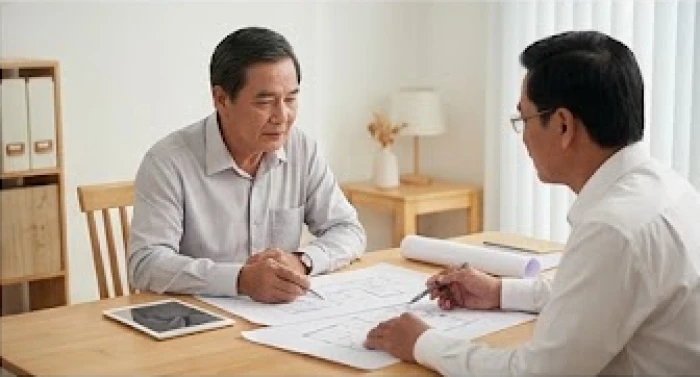 Gia chủ lớn tuổi xem xét bản vẽ thiết kế công trình nhà ở cùng chuyên gia phong thủy trong phòng làm việc