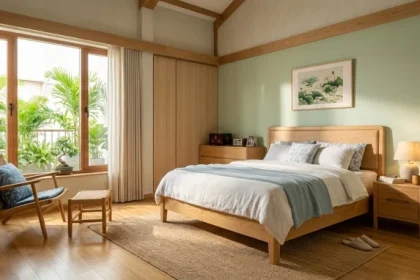 Thiết kế nội thất phòng ngủ màu xanh lục và gỗ tự nhiên giúp giải đáp thắc mắc quý mùi 1943 mệnh gì