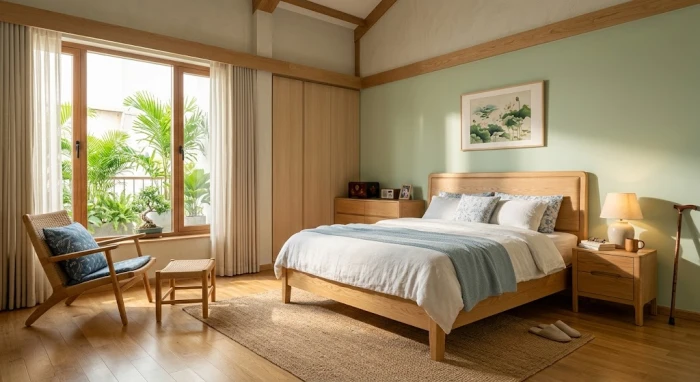 Thiết kế nội thất phòng ngủ màu xanh lục và gỗ tự nhiên giúp giải đáp thắc mắc quý mùi 1943 mệnh gì