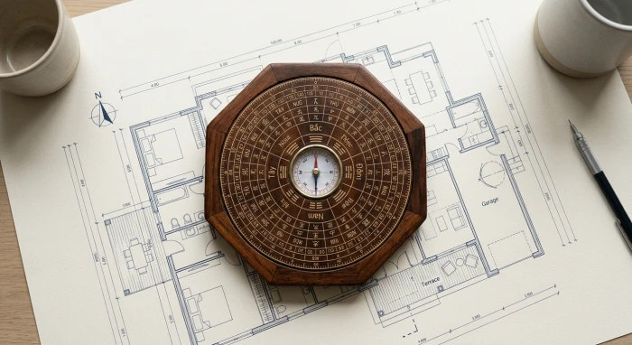 Bản vẽ mặt bằng kiến trúc và la bàn phong thủy hướng dẫn xác định quý sửu 1973 hợp hướng nào
