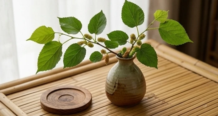 Bàn trà thanh lịch với nhánh cây dâu xanh tươi tượng trưng cho nạp âm Tang Đố Mộc của Quý Sửu 1973
