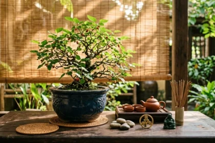 Chậu dâu tằm bonsai đặt trên bàn gỗ truyền thống minh họa cho người tuổi quý sửu 1973 mệnh gì