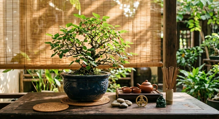 Chậu dâu tằm bonsai đặt trên bàn gỗ truyền thống minh họa cho người tuổi quý sửu 1973 mệnh gì