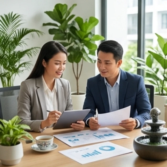 Hai đối tác kinh doanh trao đổi công việc trong phòng khách tràn ngập cây xanh tượng trưng cho thủy sinh mộc