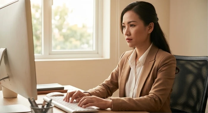Người nữ văn phòng đang quyết đoán nhấn nút gửi email công việc sau khi áp dụng phương pháp đếm ngược 5 giây