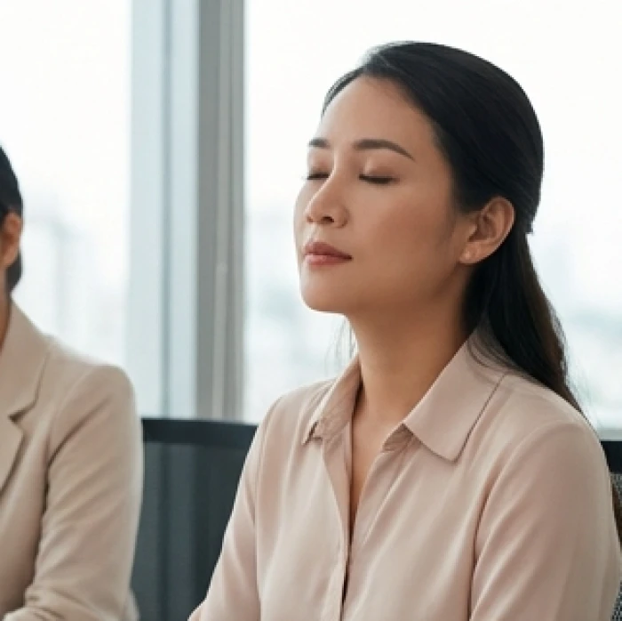 Đồng nghiệp hít thở sâu tĩnh tâm thực hành quy tắc chậm ba giây kiềm chế cảm xúc trong cuộc họp