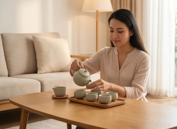 Người vợ nhẫn nại rót tách trà nóng trong phòng khách yên tĩnh tạo khoảng thời gian hạ nhiệt 2 tiếng để đối phương bình tâm lại