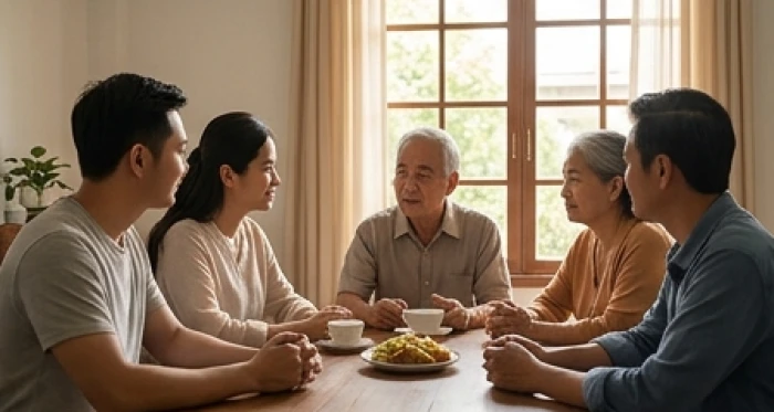 Con cháu chăm chú lắng nghe ông bà tuổi Canh Dần kể chuyện xưa bên bàn trà gia đình