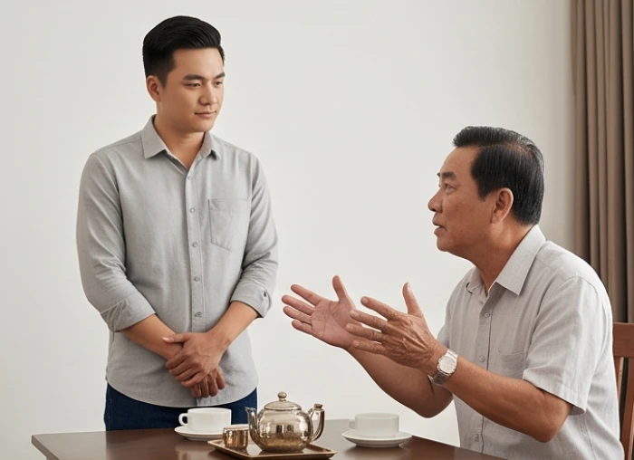 Người con trai giữ thái độ điềm tĩnh và ôn hòa khi lắng nghe ý kiến của cha mẹ trong cuộc trò chuyện