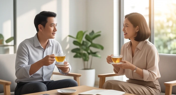 Cuộc trao đổi ôn hòa bên tách trà ấm sau thời gian suy ngẫm phản ánh sự điềm tĩnh và thấu hiểu