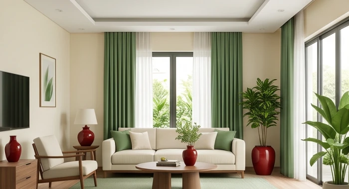 Phòng khách ứng dụng tỷ lệ phối màu 60 30 10 cân bằng năng lượng phong thủy cho người tuổi Đinh Dậu 1957