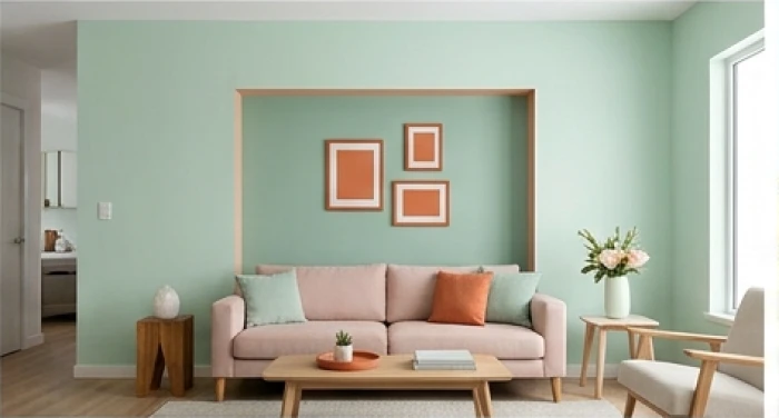 Phòng khách ứng dụng quy tắc phối màu với 60% tường xanh ngọc nhạt, 30% tường nhấn hồng và 10% viền cam