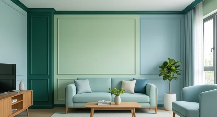 Phối cảnh phòng khách áp dụng chuẩn quy tắc tỷ lệ 60 30 10 giữa tường nền và chi tiết phào chỉ