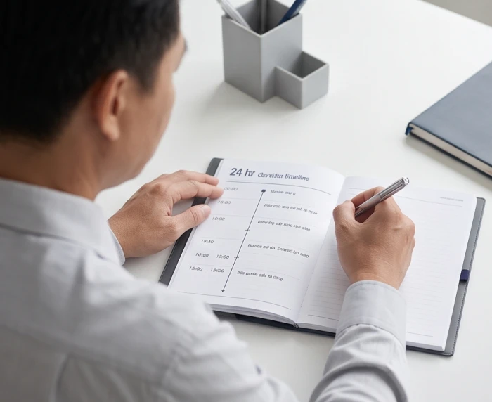 Người làm việc ghi chú thời hạn 24 giờ để đưa ra quyết định công việc dứt khoát và hiệu quả