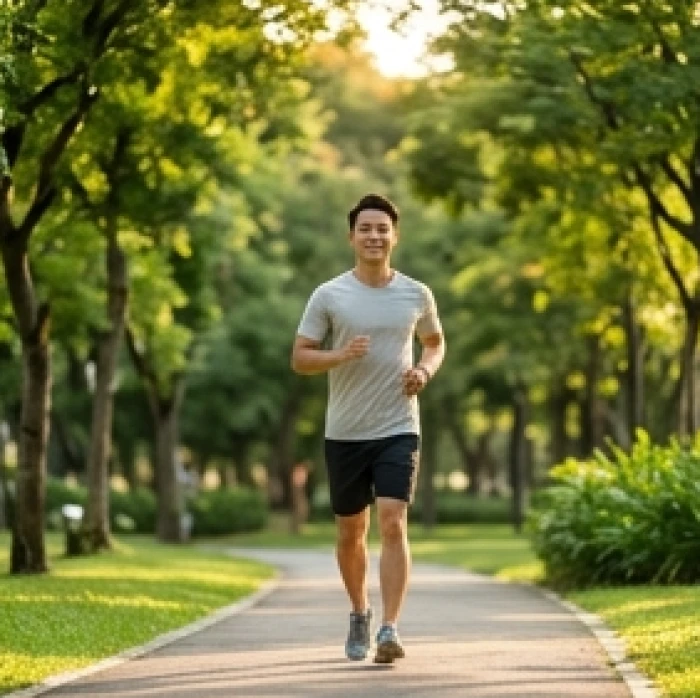 Chàng trai tuổi Bính Tý rèn luyện thể chất nhẹ nhàng trong công viên xanh để cân bằng cảm xúc trước khi quyết định