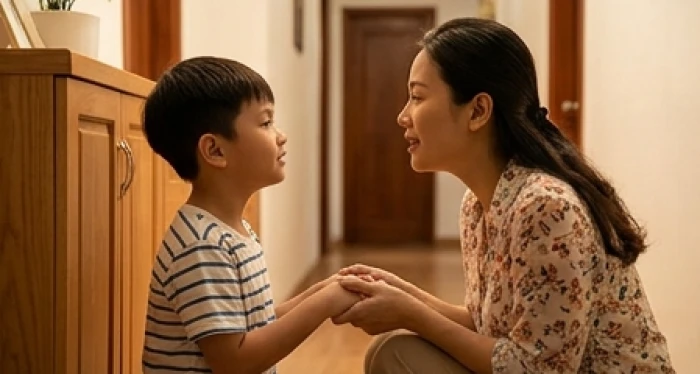 Người mẹ ngồi hạ thấp ngang tầm mắt để kiên nhẫn trò chuyện nhẹ nhàng cùng bé trai đang bình tĩnh trở lại