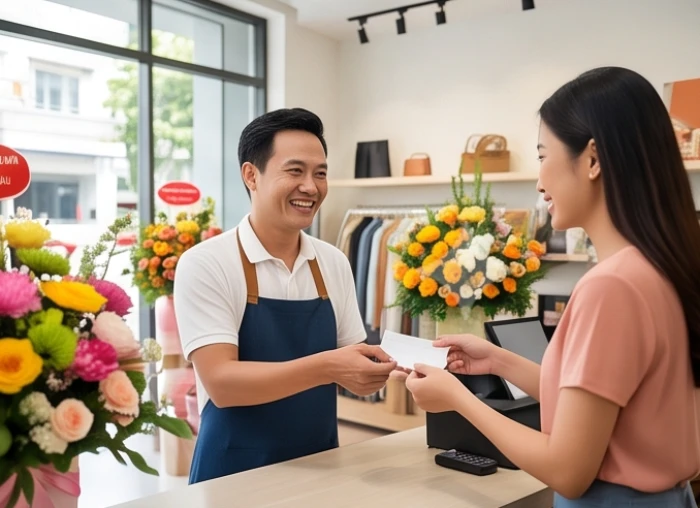 Chủ cửa hàng tuổi Tuất vui mừng đón tiếp vị khách mở hàng hợp tuổi trong ngày khai trương thuận lợi
