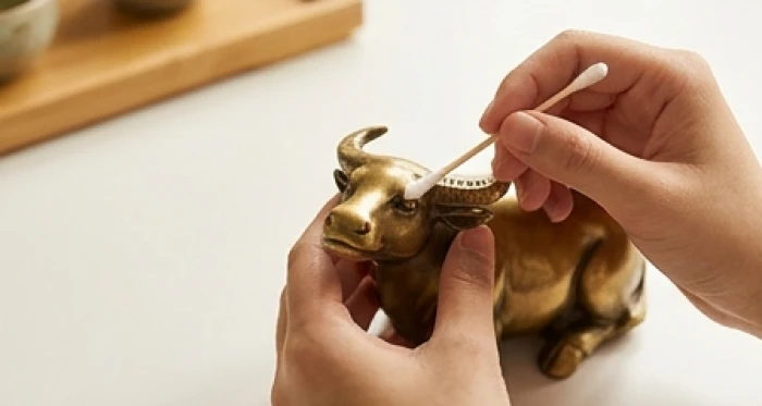 Người chủ dùng tăm bông thấm nước trà xanh chấm nhẹ lên mắt linh vật đặt trên bàn hướng ra ánh nắng sớm