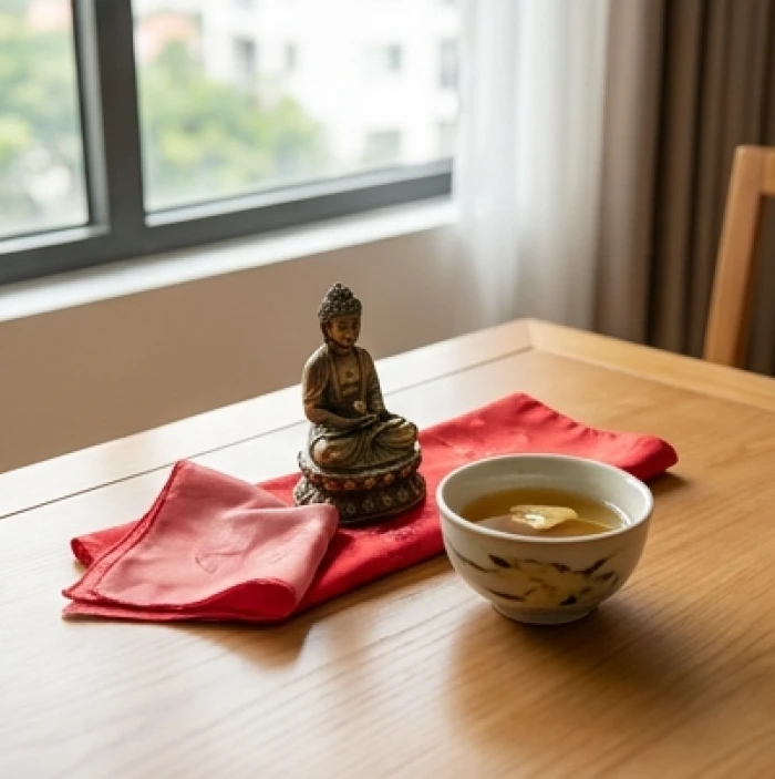 Nghi thức chuẩn bị lau rửa linh vật bằng rượu gừng và phủ khăn vải đỏ thanh tịnh tại nhà