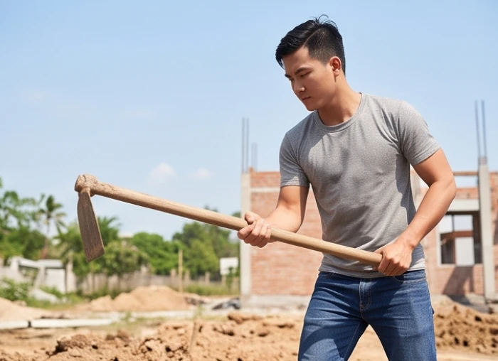 Người thân cầm cuốc động thổ thay cho gia chủ lớn tuổi đang tạm lánh mặt