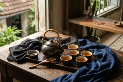 Tách trà truyền thống trên bàn gỗ với dải lụa xanh đen gợi ý quý tỵ 1953 hợp màu gì trong phong thủy