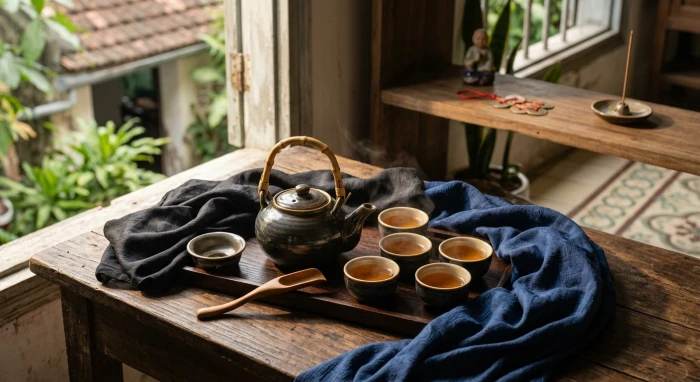 Tách trà truyền thống trên bàn gỗ với dải lụa xanh đen gợi ý quý tỵ 1953 hợp màu gì trong phong thủy