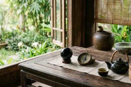 Không gian trà đạo mộc mạc với quả cầu thạch anh đen minh họa chi tiết cho tuổi quý tỵ 1953 mệnh gì