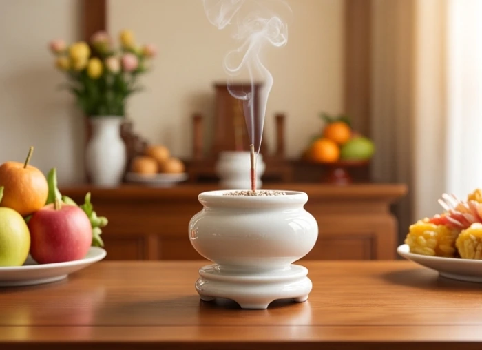 Bát hương sứ trắng đặt chính giữa tủ thờ quay ra hướng nhìn cát lợi của gia chủ