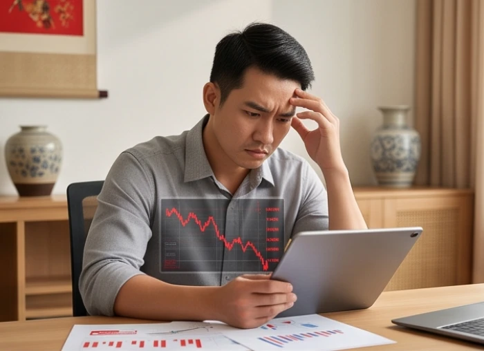 Một người đang bối rối xem lại các biểu đồ tài chính sụt giảm do quyết định đầu tư thiếu thận trọng