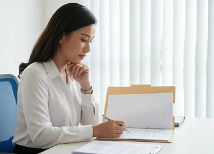 Nữ văn phòng tuổi Kỷ Tỵ cẩn thận rà soát từng chi tiết trên hồ sơ và hợp đồng pháp lý