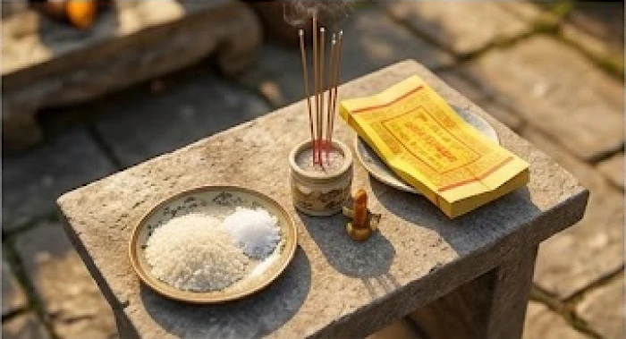 Nghi thức hóa vàng bài vị sớ cúng và rắc gạo muối ra các hướng xung quanh nhà sau khi hoàn tất bài văn khấn giải hạn