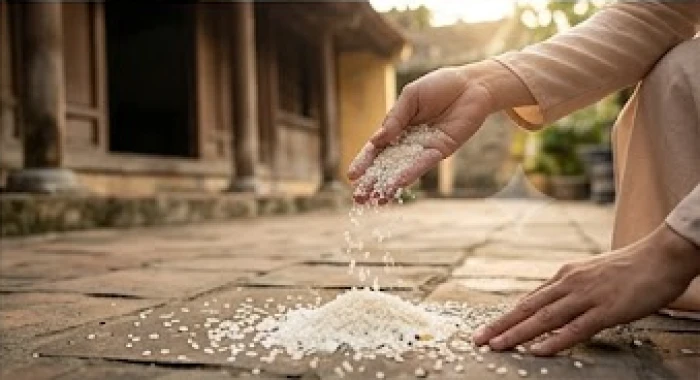 Bàn tay đang nhẹ nhàng rắc muối gạo trước hiên nhà để xua đuổi chướng khí và cầu bình an