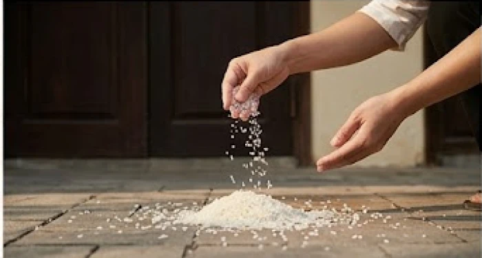 Gia chủ rải đều đĩa muối và gạo sạch ra khu vực trước cửa chính để hoàn tất nghi thức cúng giải hạn tại gia