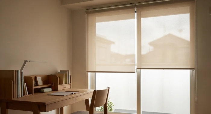 Bàn học gọn gàng đặt bên cửa sổ có rèm cuốn hai lớp điều tiết ánh nắng chiều hướng Tây