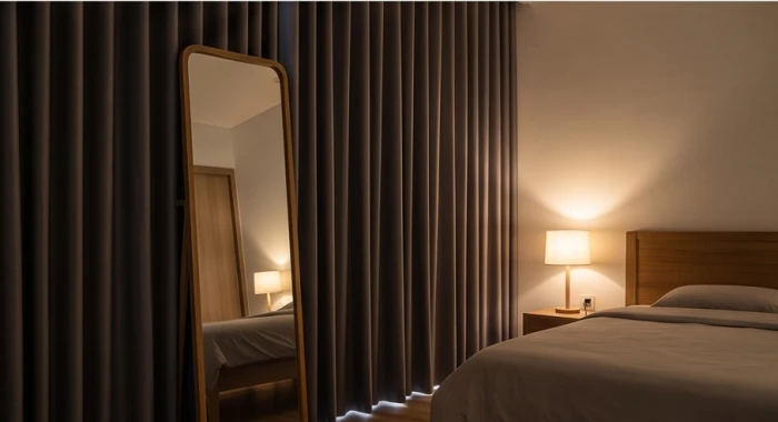 Tấm rèm vải mỏng tối màu kéo che kín bề mặt gương soi lớn đặt đối diện khu vực giường ngủ