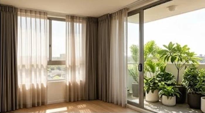 Cửa sổ hướng Tây được che chắn bởi rèm vải hai lớp và cây xanh để giảm bớt bức xạ nhiệt buổi chiều