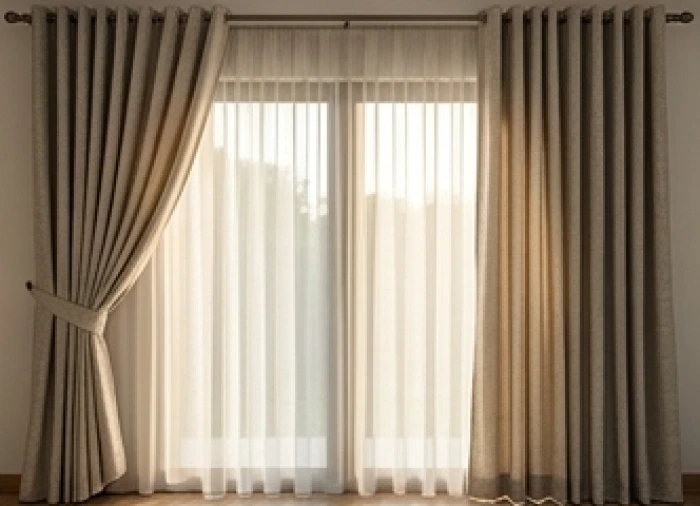 Rèm cửa hai lớp dày dặn được kéo kín một nửa giúp chắn luồng khí xấu cho tuổi canh ngọ 1990