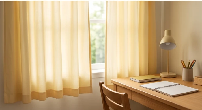Rèm cửa sổ bằng vải mềm mại mang tông màu vàng kem nhạt rủ xuống bên cạnh góc học tập