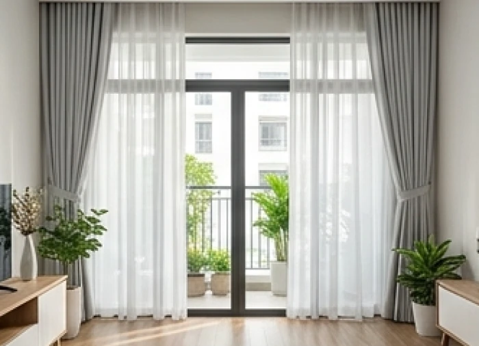 Khu vực cửa sổ phòng khách rộng thoáng kết hợp rèm vải mỏng màu xám nhạt đón ánh sáng tự nhiên dịu nhẹ