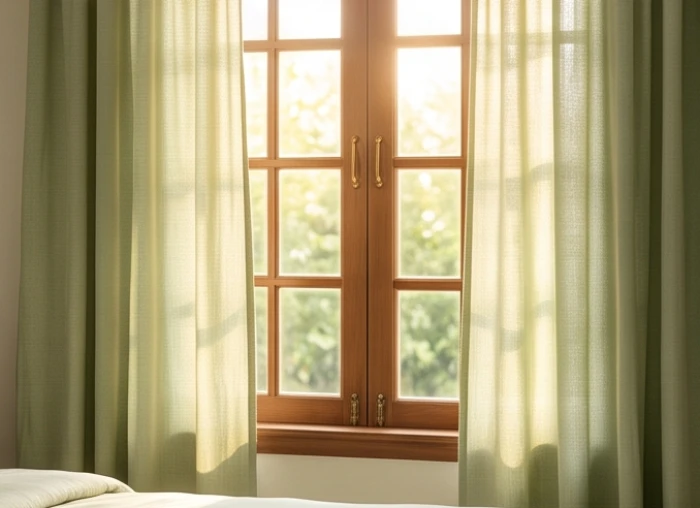 Khung cửa sổ phòng ngủ treo rèm vải lanh màu xanh lá nhạt đón ánh nắng ban mai êm dịu