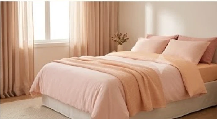 Giường ngủ được trang bị chăn ga gối nệm màu cam nhạt và hồng pastel dịu mắt