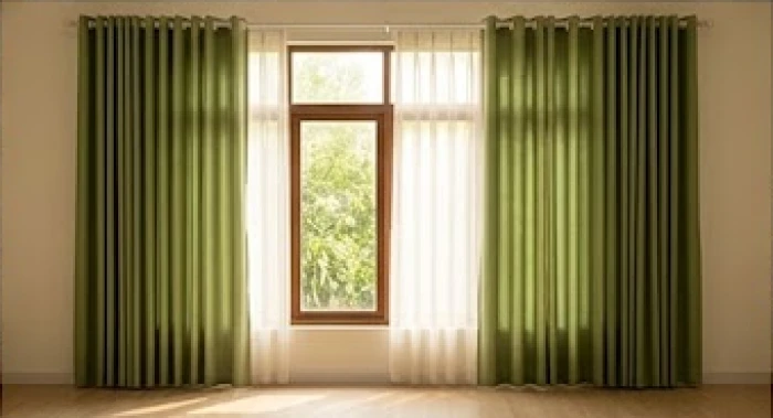 Rèm vải dày màu xanh lục được treo ở khung cửa sổ rộng để ngăn cản ánh nắng gắt