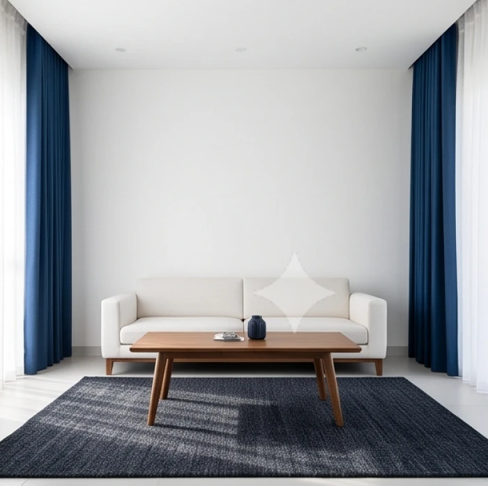 Bộ rèm cửa màu xanh dương sẫm kết hợp thảm sàn trải dưới sofa giúp hóa giải màu sơn tường cho người tuổi Canh Dần