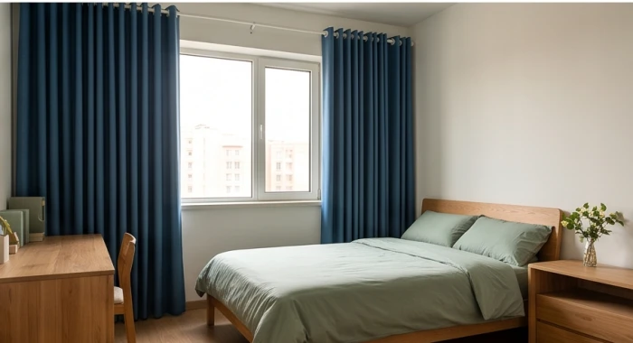 Bộ rèm cửa xanh dương sẫm kết hợp ga giường xanh lục giúp cân bằng năng lượng cho phòng học có hướng xấu